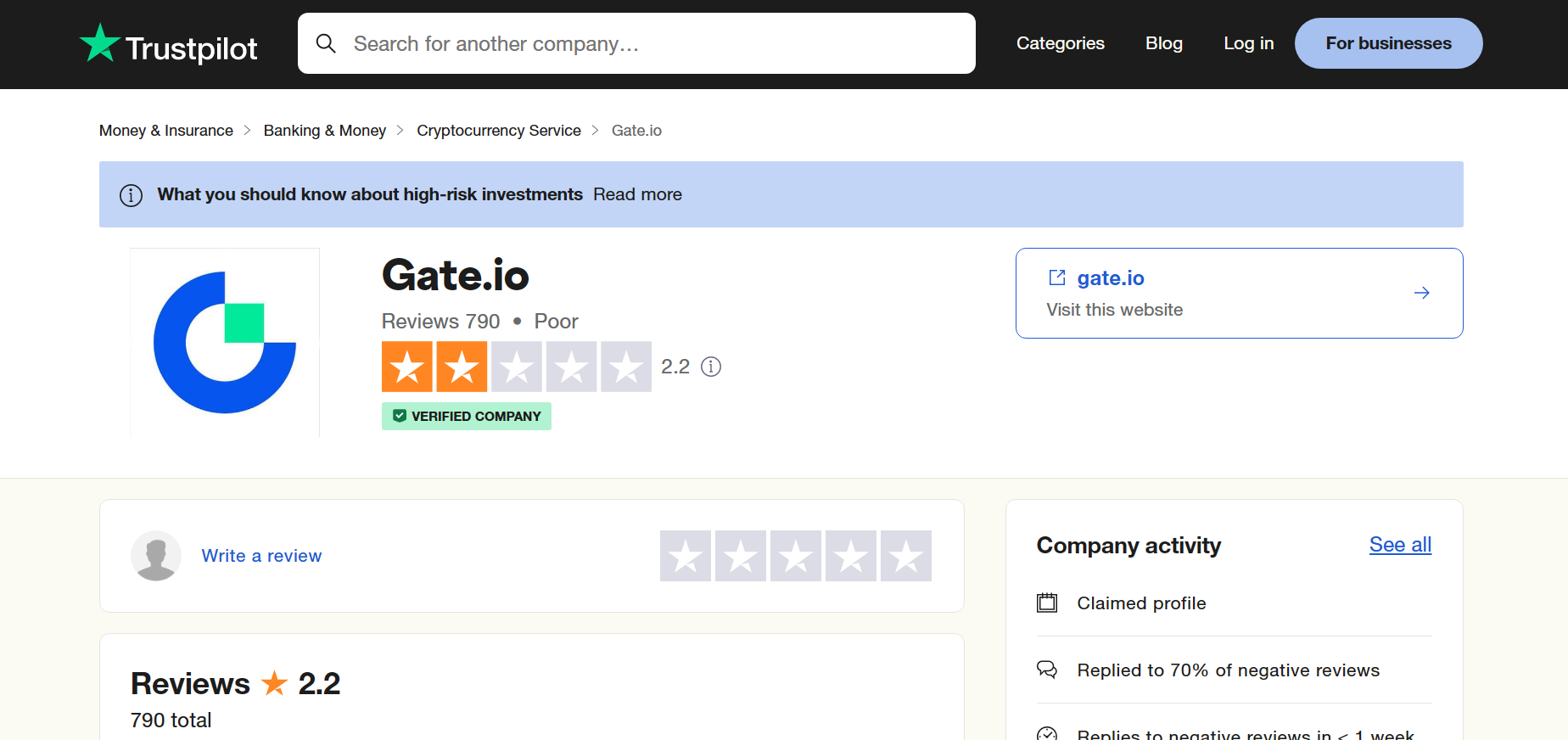 Gate.io reviews on Trustpilot