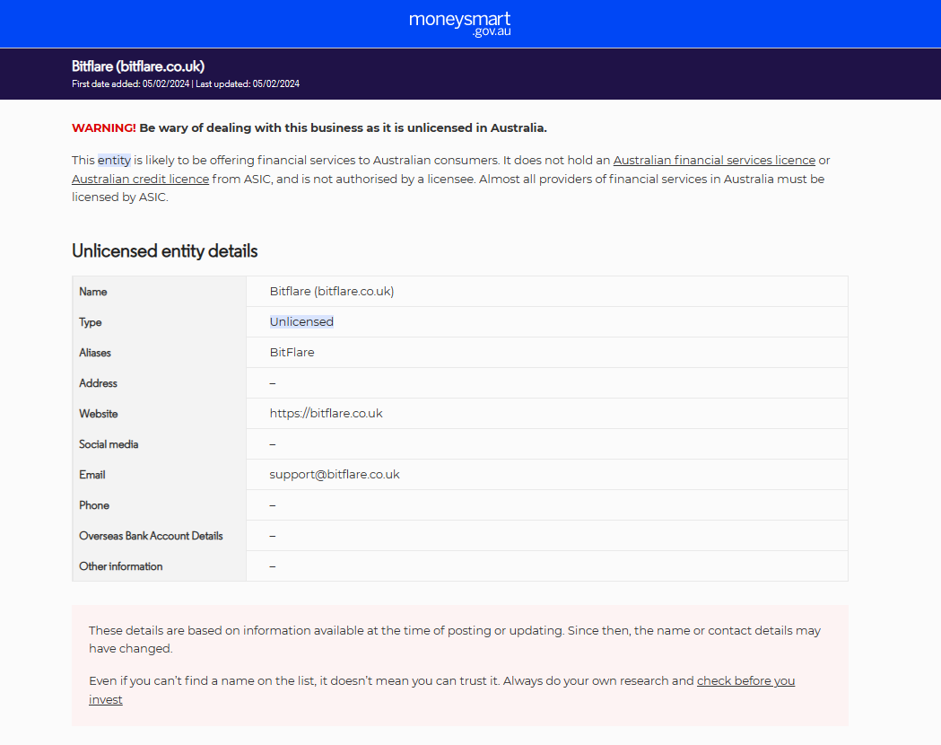 Bitflare-warning