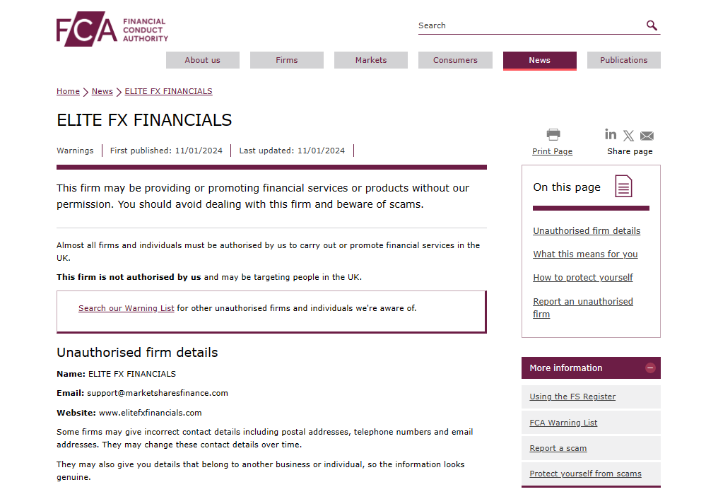 Elite FX Financials Warning