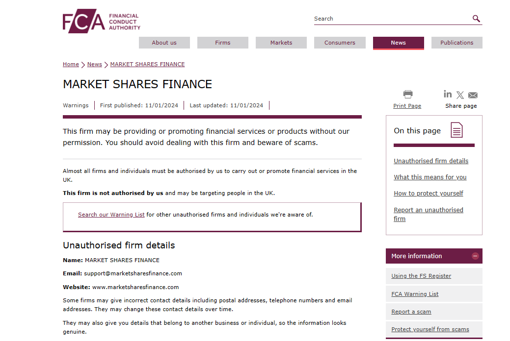 Market Shares Finance warning