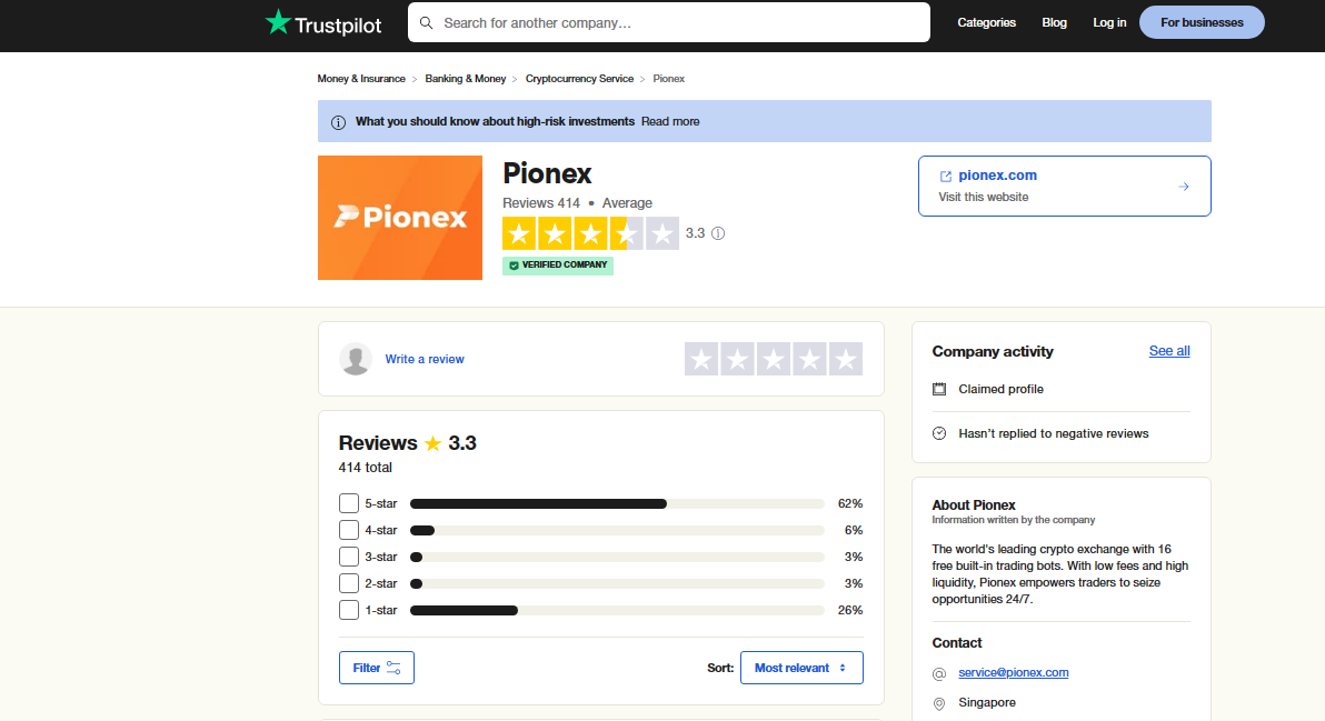 Pionex reviews on Trustpilot