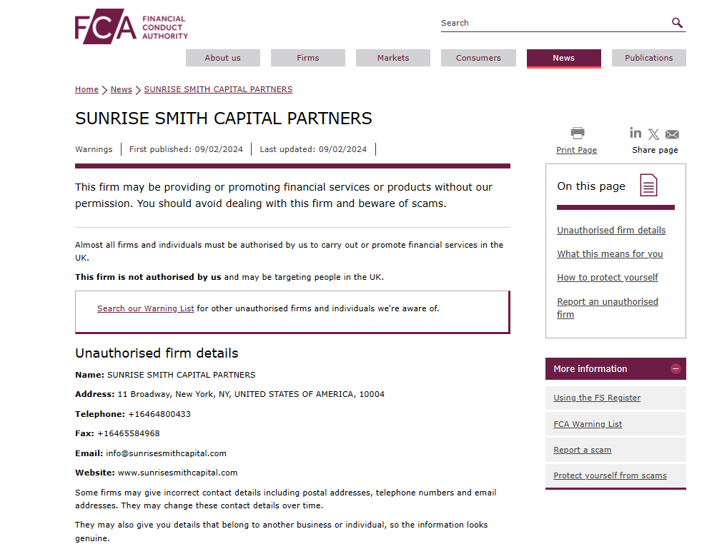 Sunrise smith Capital partners warning