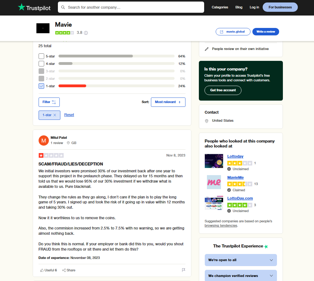 Mavie Global reviews on Trustpilot