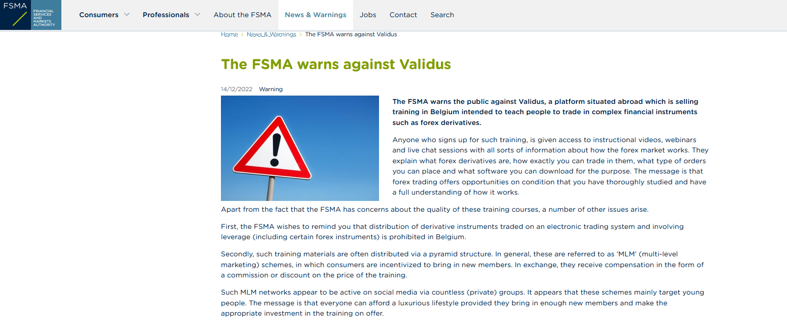 validus FSMA warning