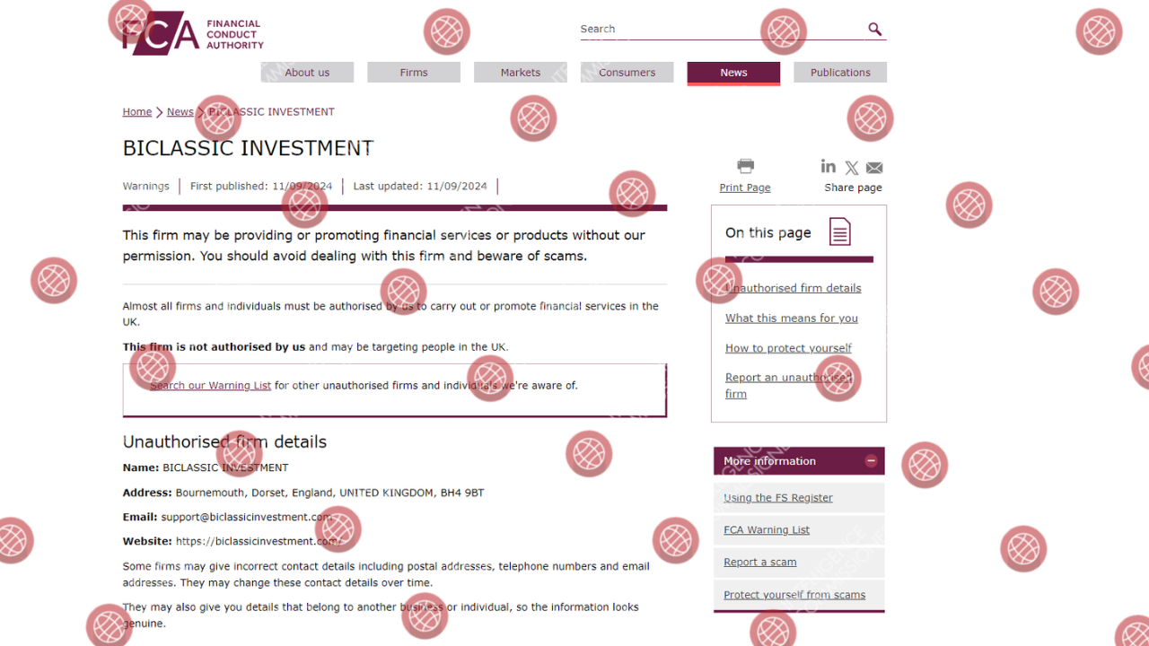 Biclassic Investment warning by FCA