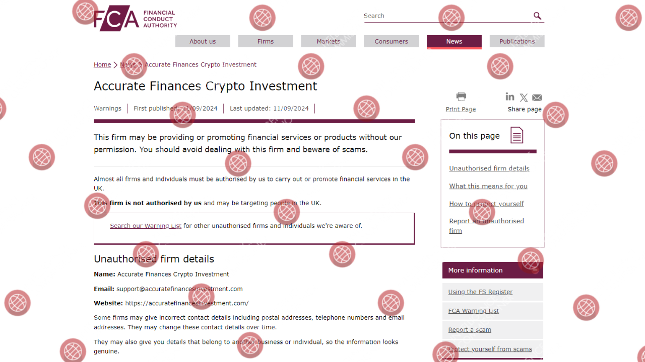 FCA warning on Accurate Finances Crypto Investment