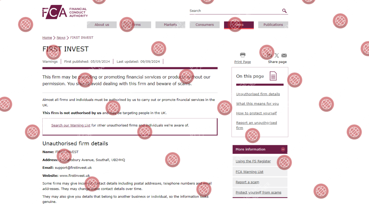 Firstinvest.uk FCA warning