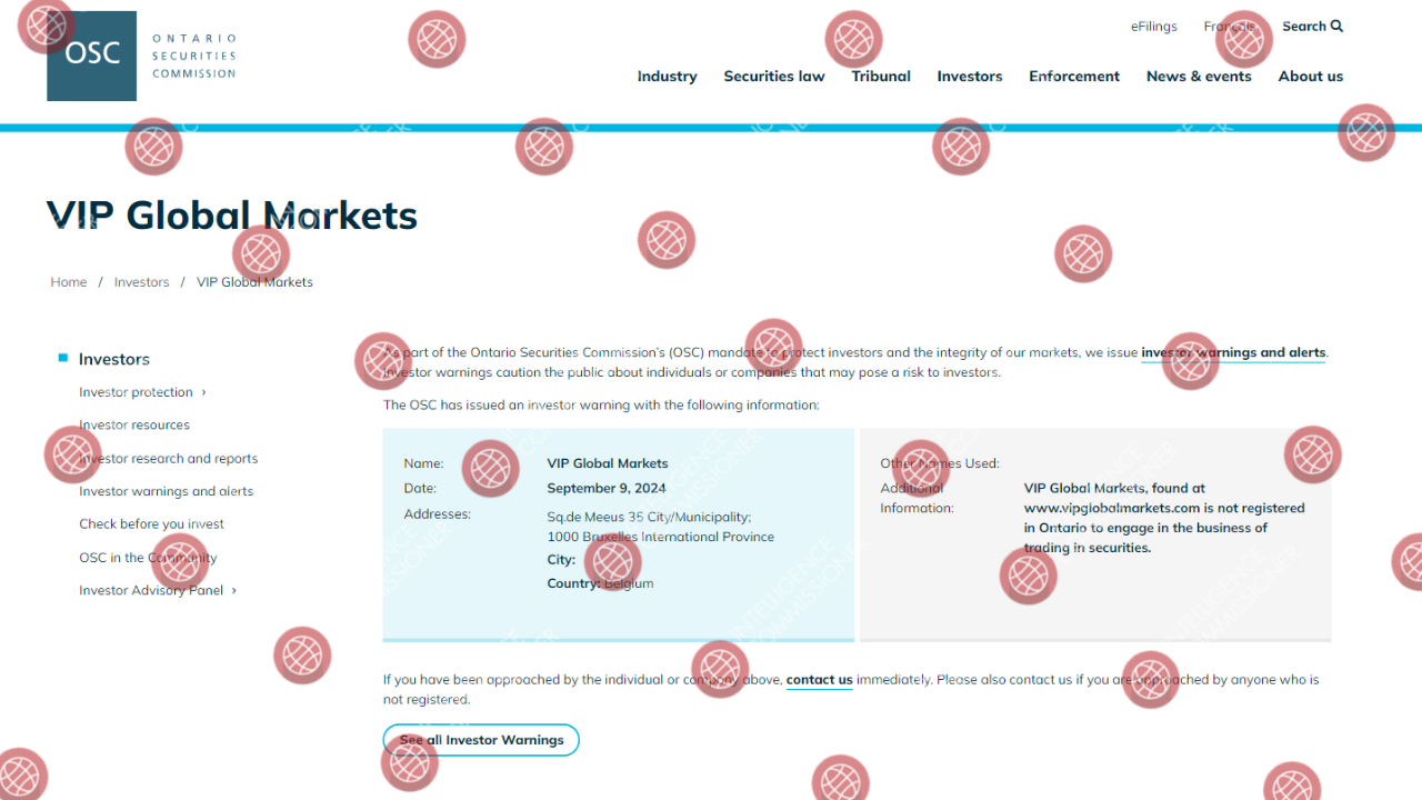 OSC Warning on VIP Global Markets