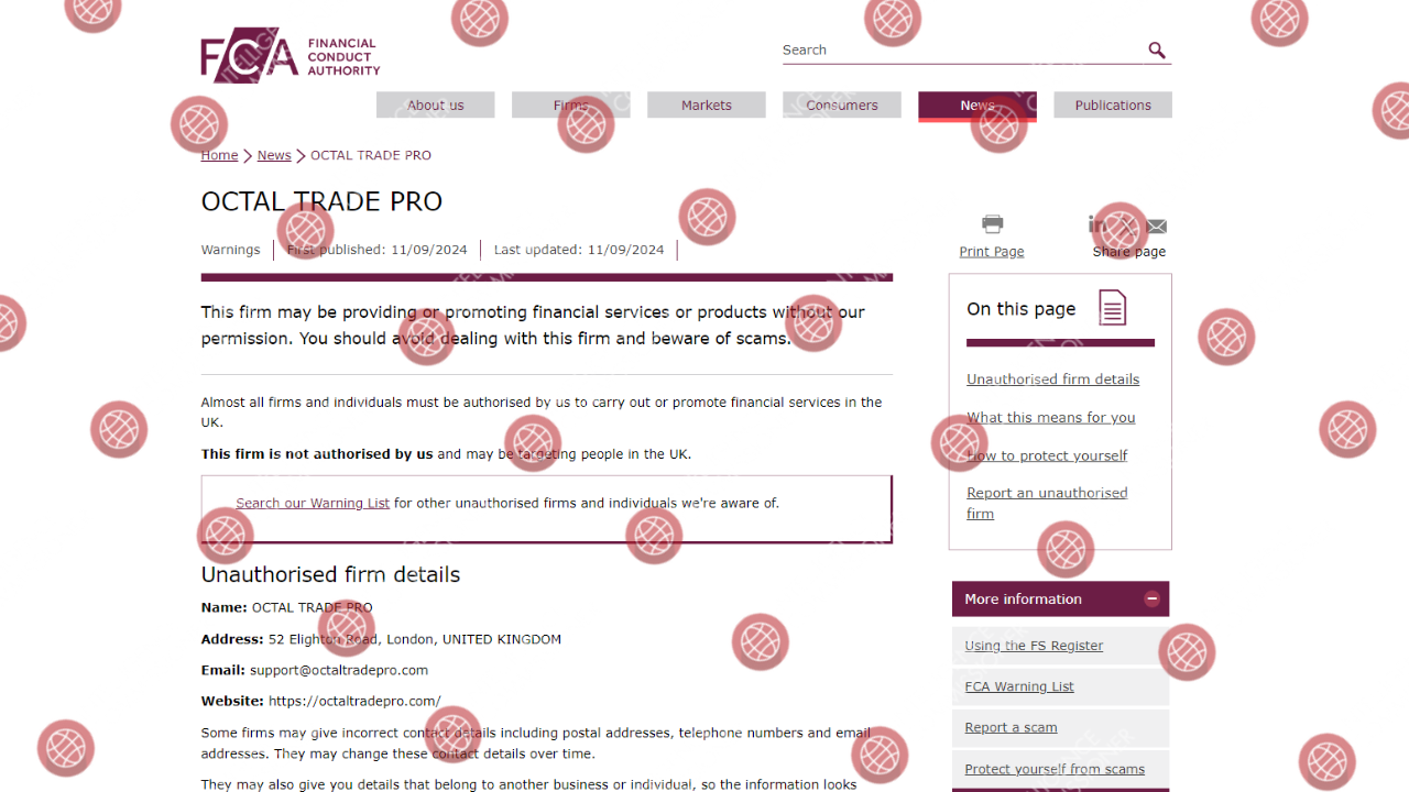 OCTAL TRADE PRO warning issued by FCA
