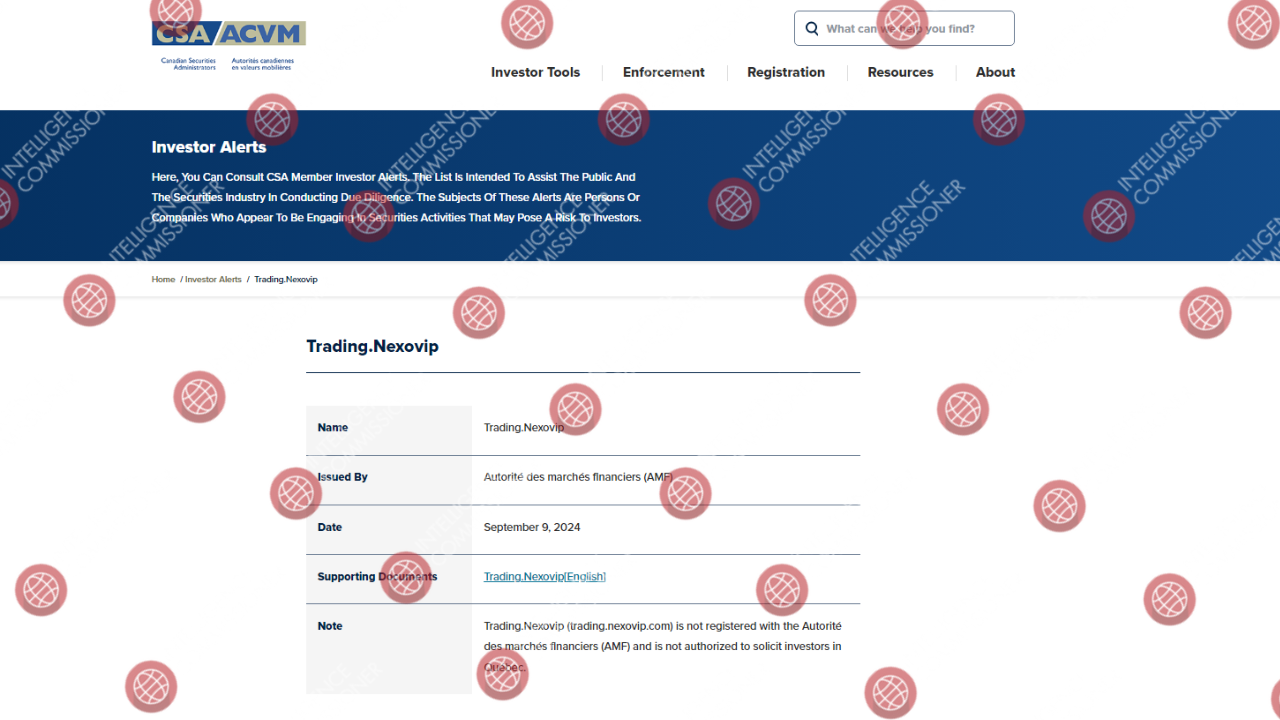 CSA warning on Trading.Nexovip