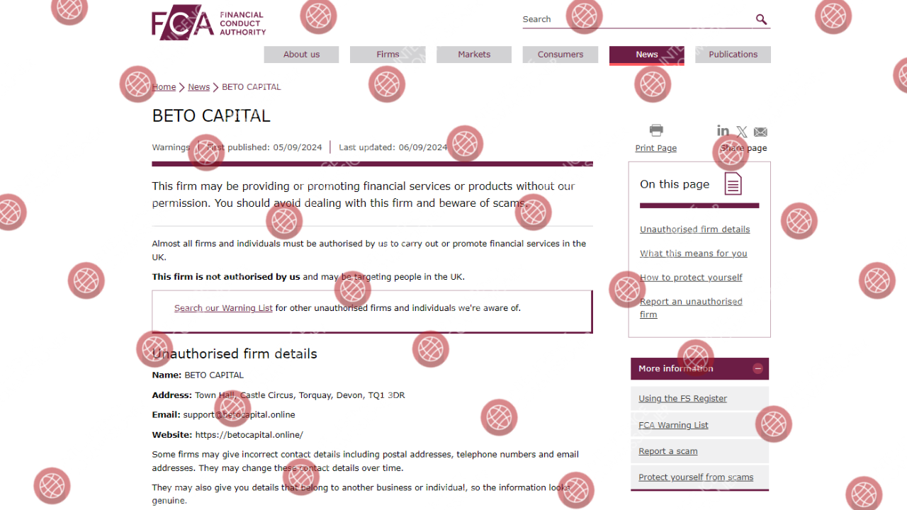 FCA warning on Betocapital.online