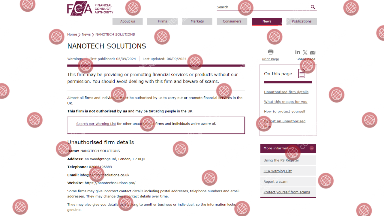 FCA warning on Nanotechsolutions.pro