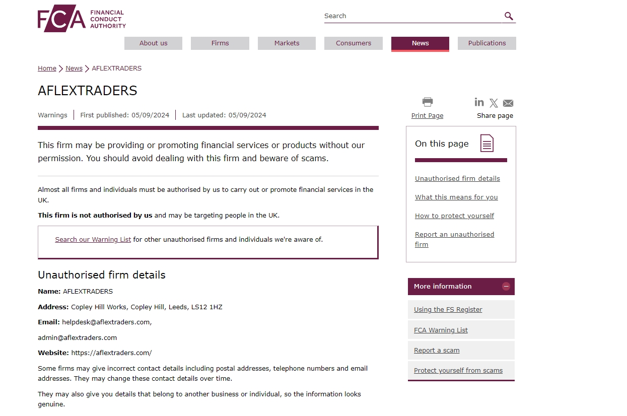 FCA warning on Aflex Traders