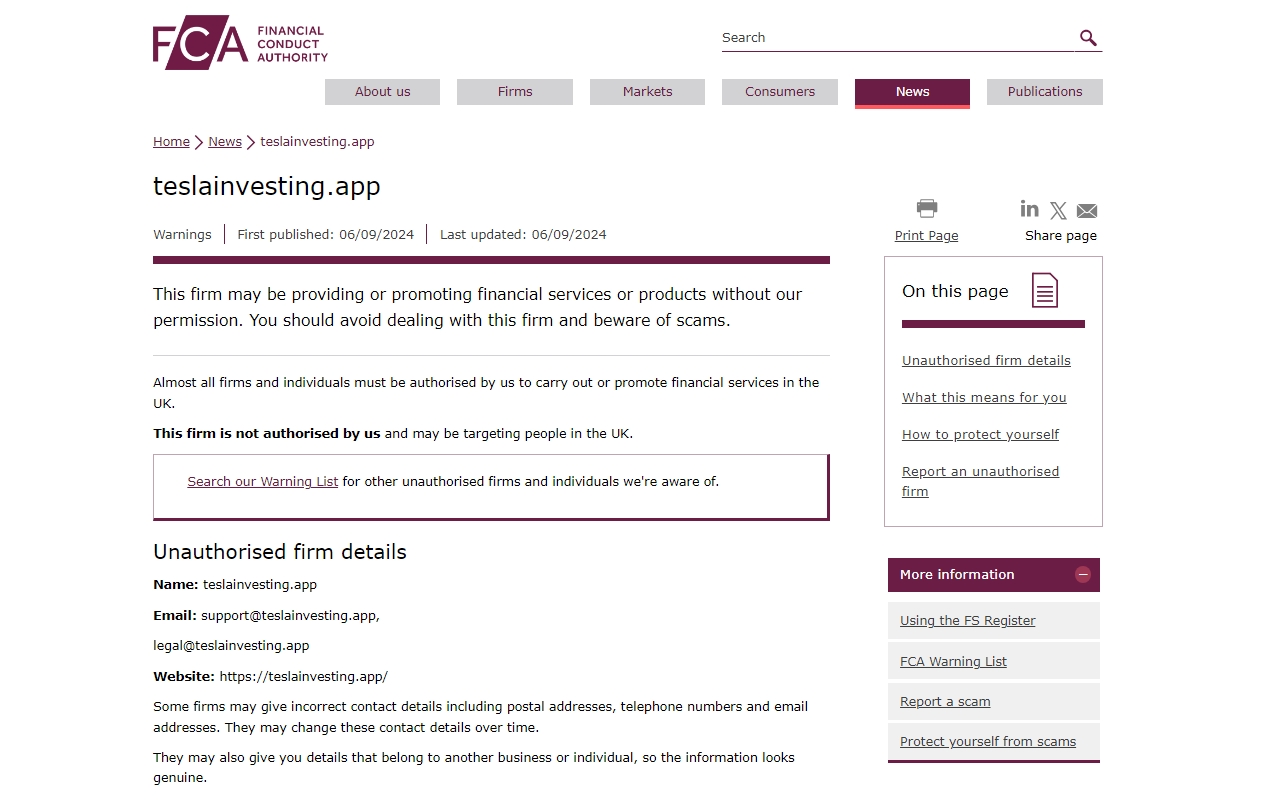 FCA Warning on Teslainvesting.app