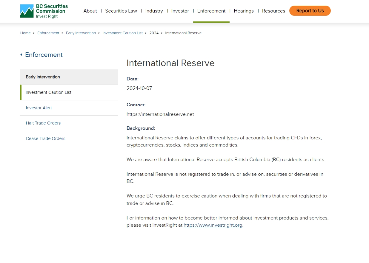 BCSC issued warning against Internationalreserve.net