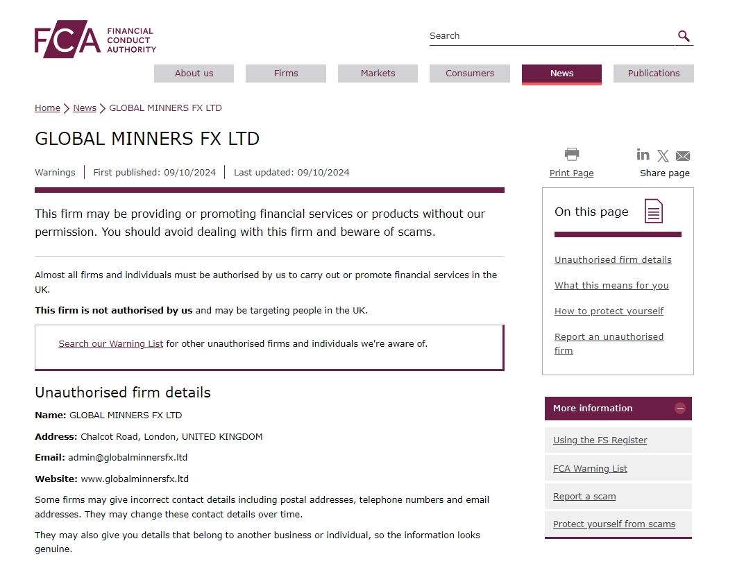 FCA issued warning against Global Minners fx ltd