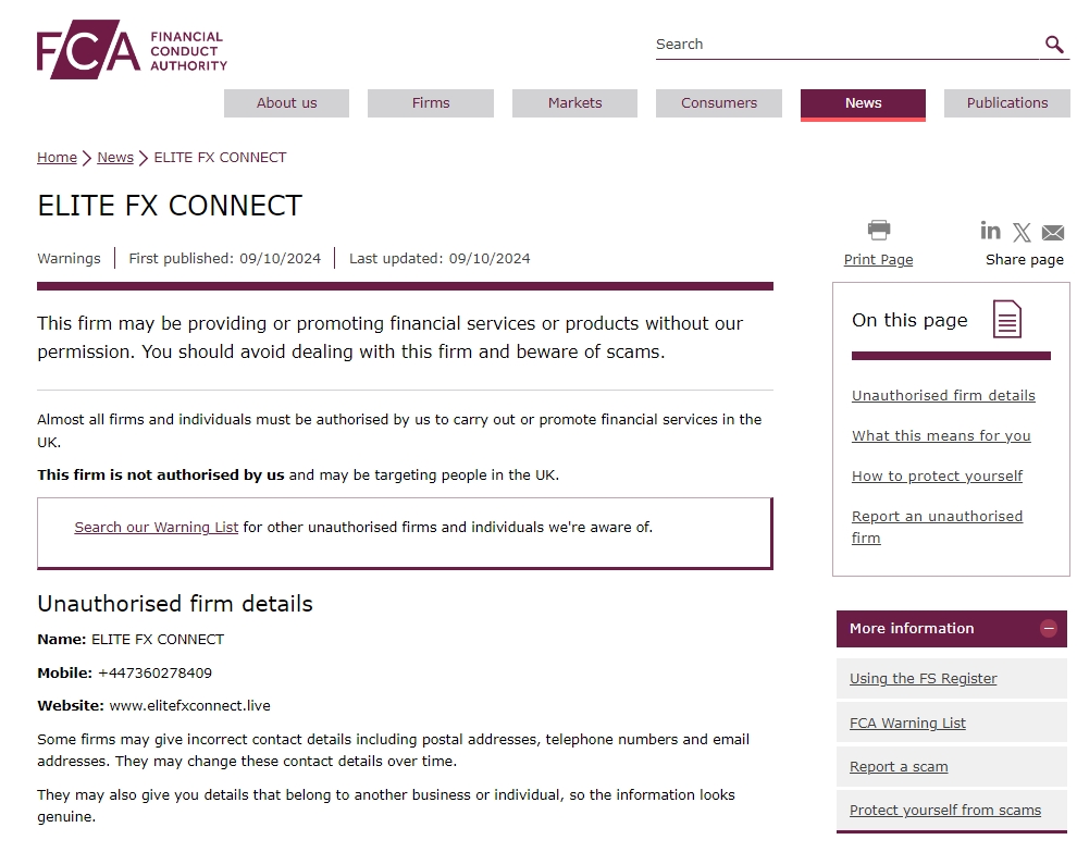 FCA issued warning against Elitefxconnect 