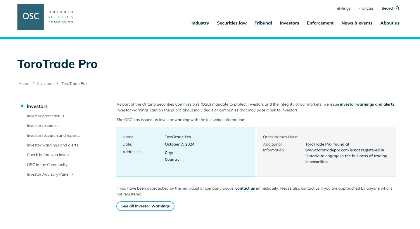 OSC issued warning against ToroTrade Pro