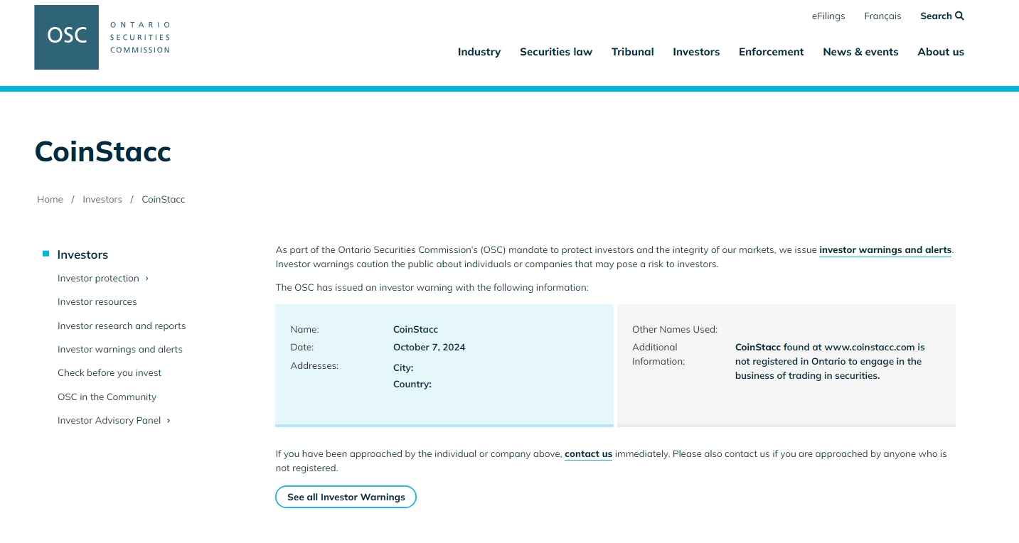 OSC issued warning against CoinStacc 