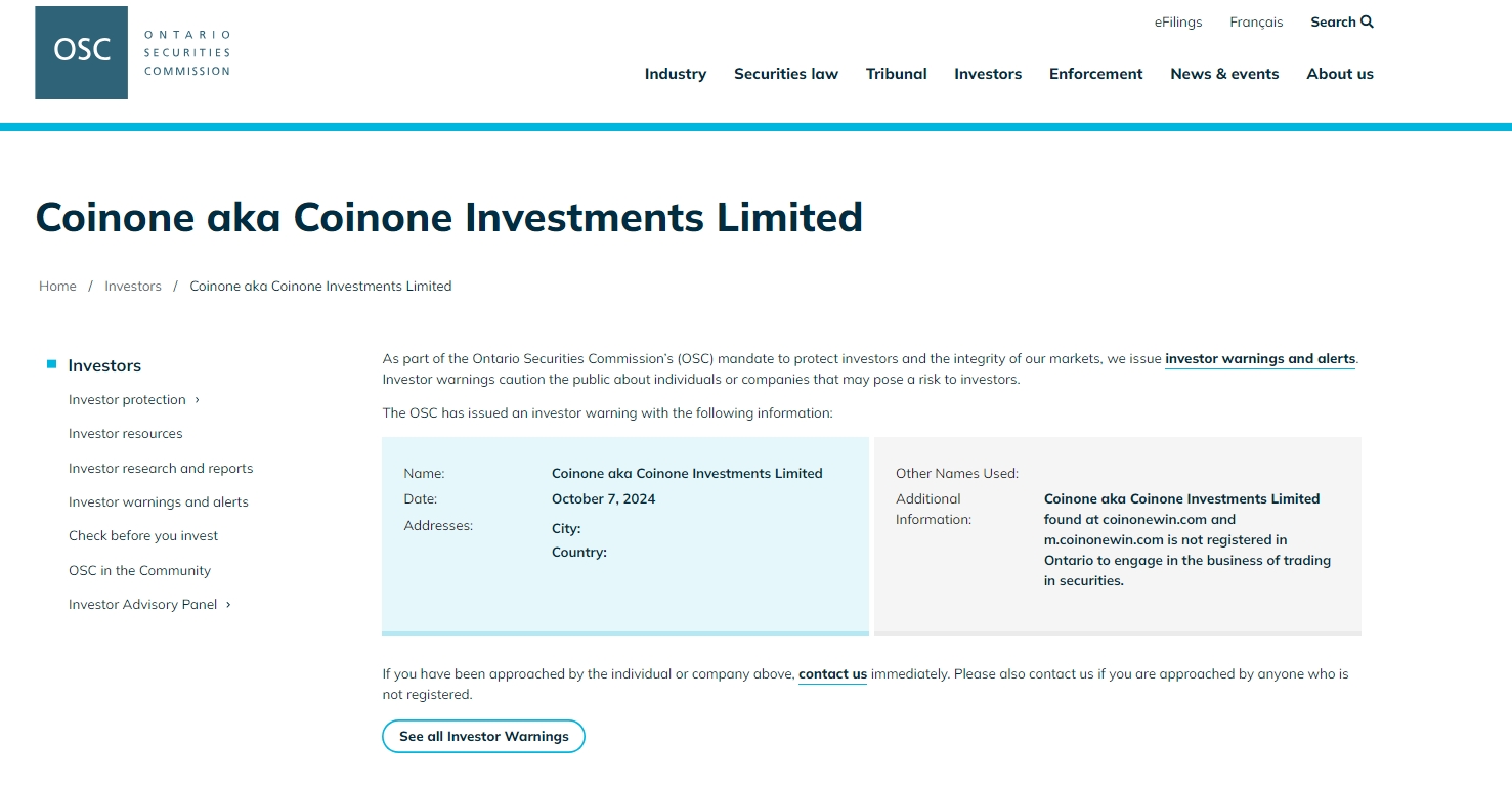OSC issued warning against Coinone