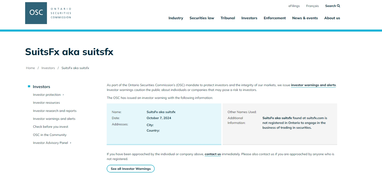 Ontario Securities Commission issued warning against SuitsFx