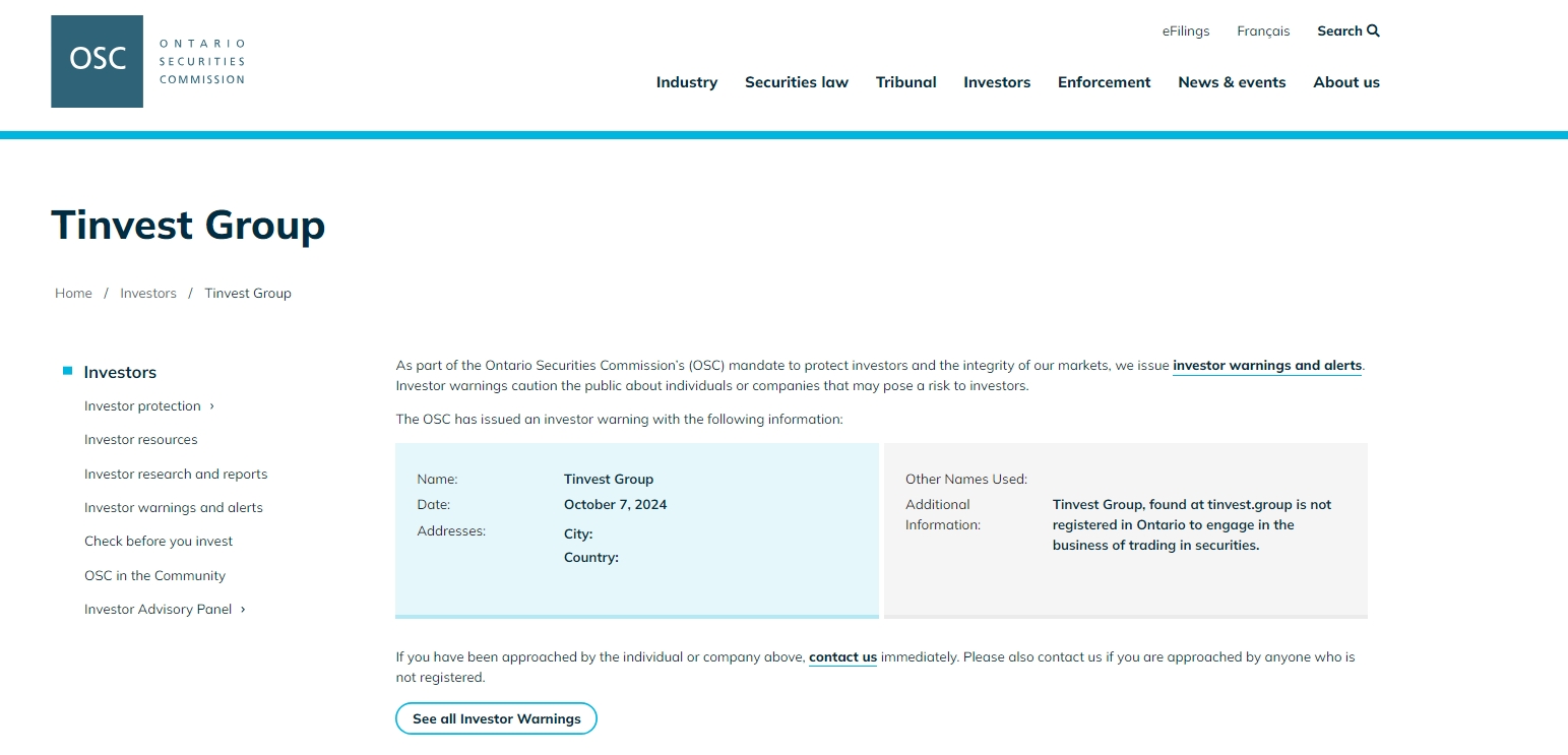 OSC issued warning against Tinvest.Group