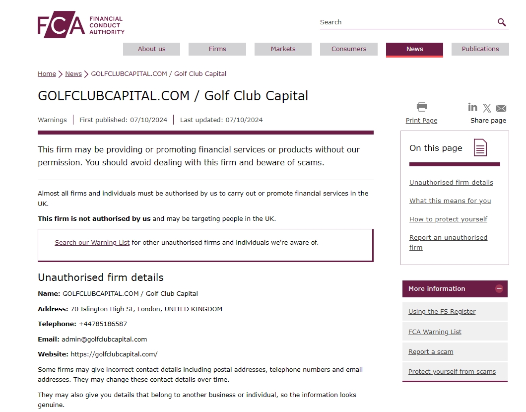 FCA issued warning against Golf Club Capital