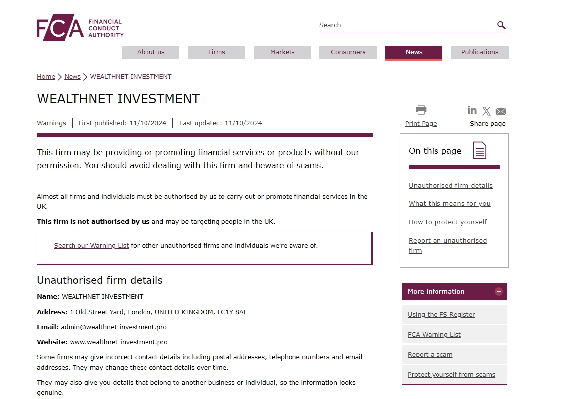 Financial Conduct Authority of the United Kingdom has issued a warning on Wealthnet investment