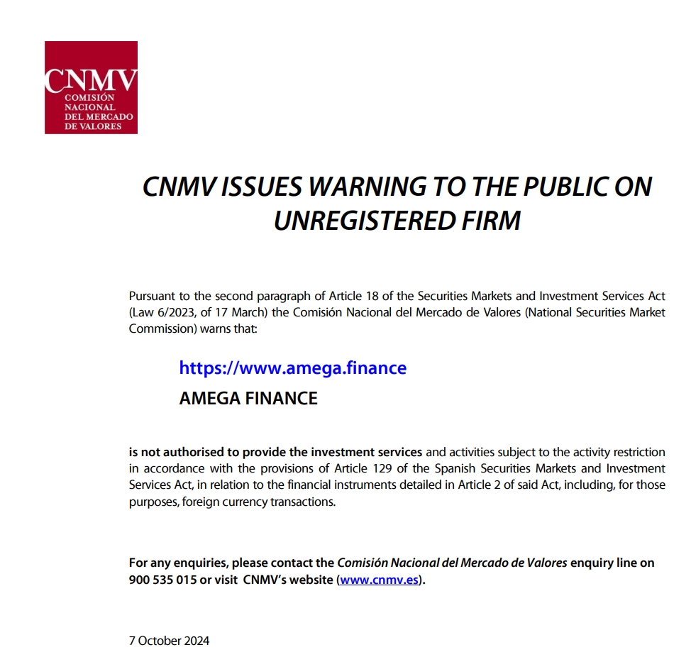 CNMV has warned Amega.finance