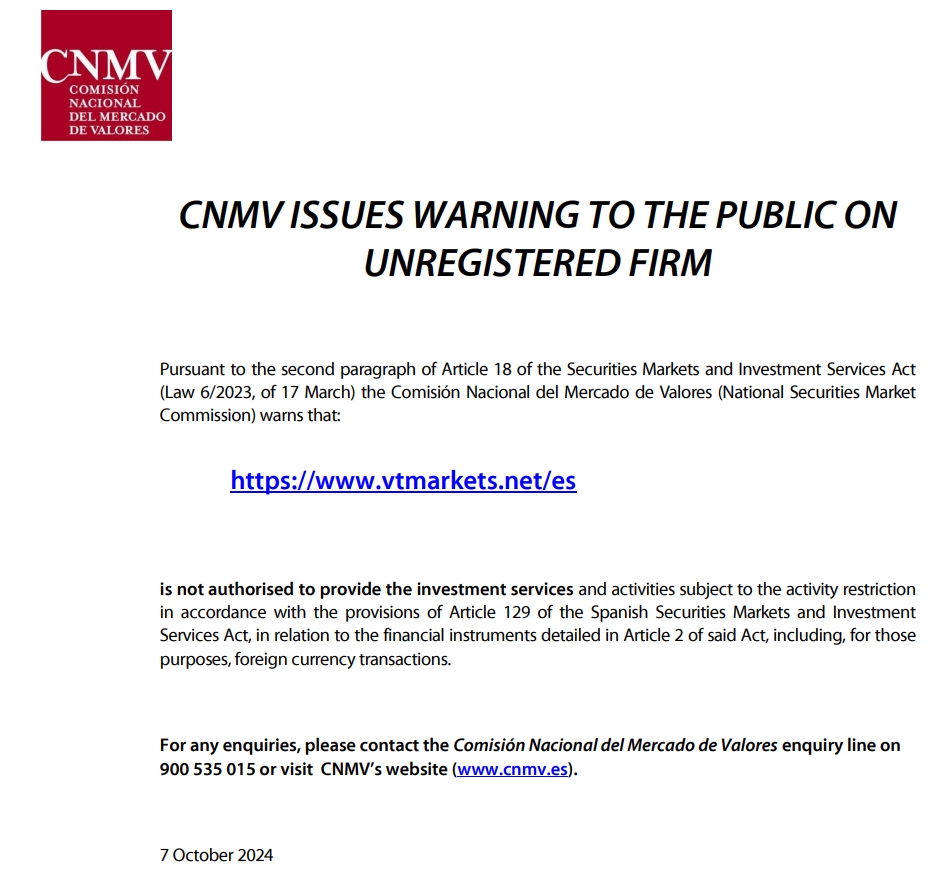 CNMV warned Vtmarkets.net