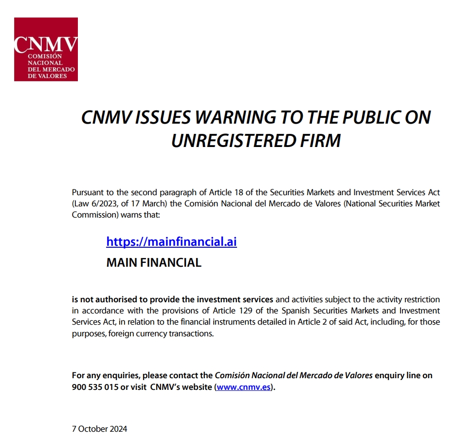 CNMV  has issued a warning against Mainfinancial.ai