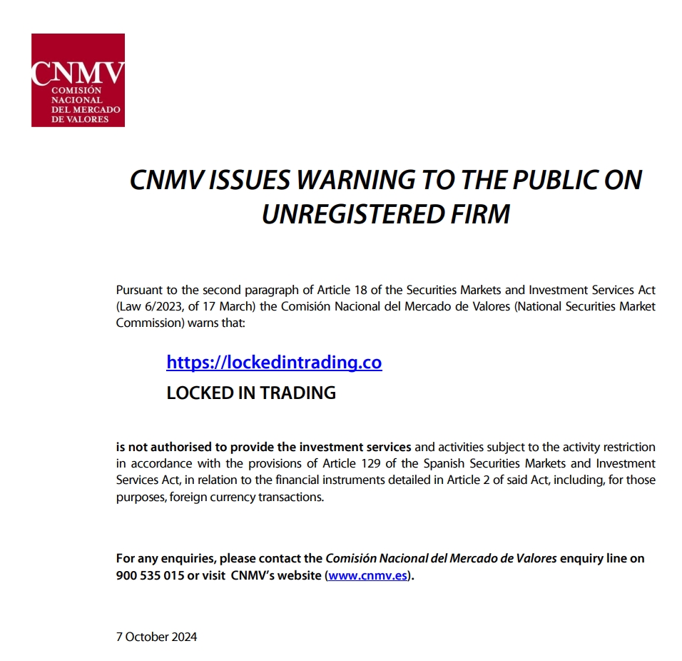 CNMV has issued warning against 	
Lockedintrading