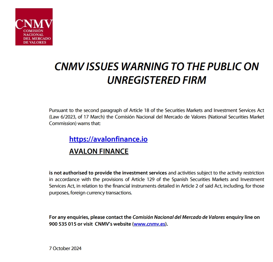 Avalon Finance has been warned by CNMV