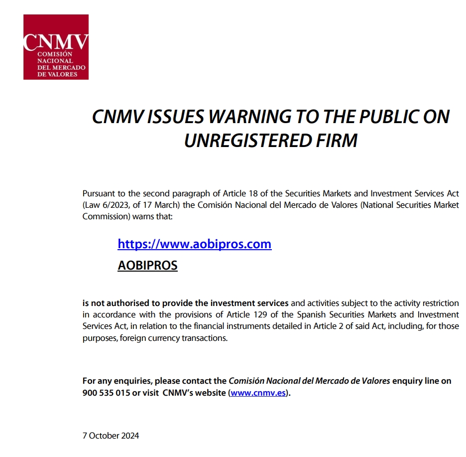 Aobipros.com has received a warning from CNMV