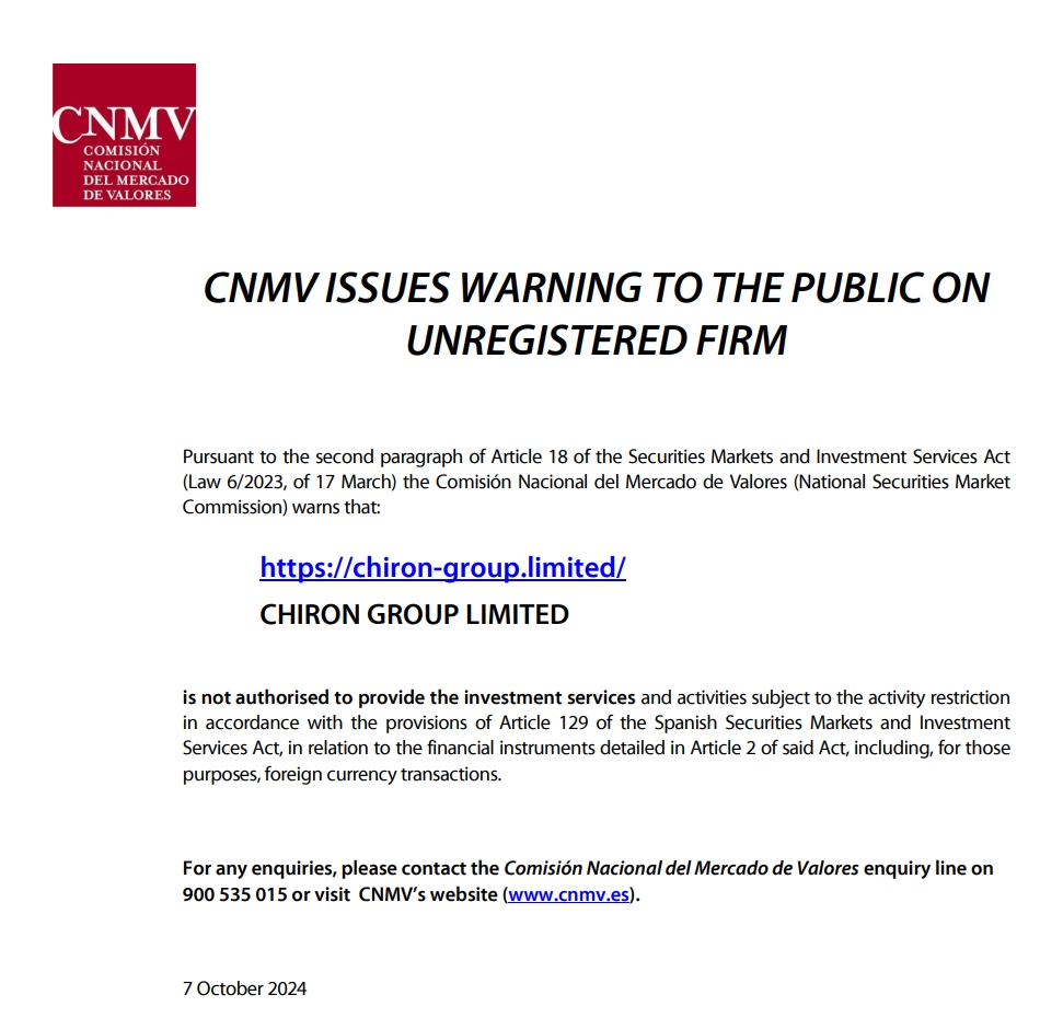 CNMV has warned Chiron-group.limited