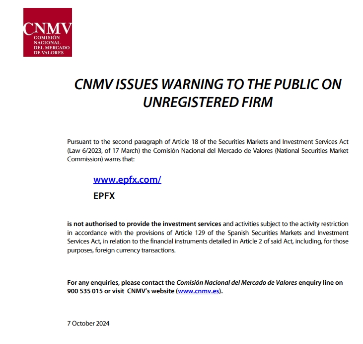 Epfx.com has received a warning from CNMV