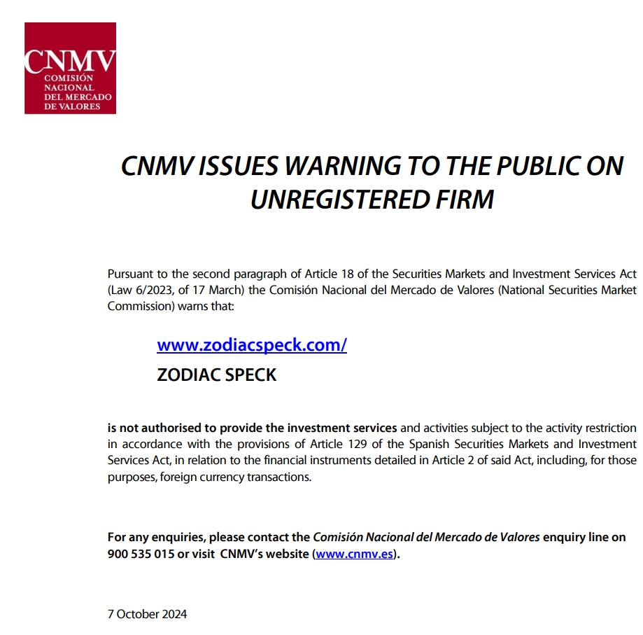 CNMV has warned Zodiacspeck 