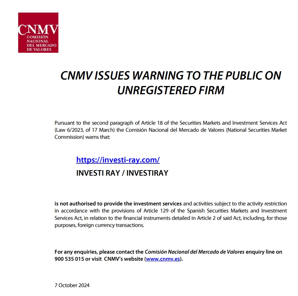 CNMV issued warning against nvesti-ray.com