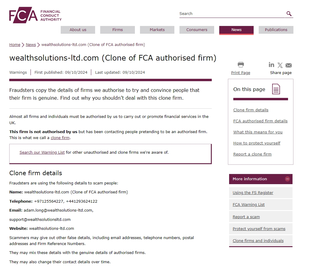 Financial Conduct Authority of United Kingdom has issued a warning against Wealthsolutions-ltd.com 