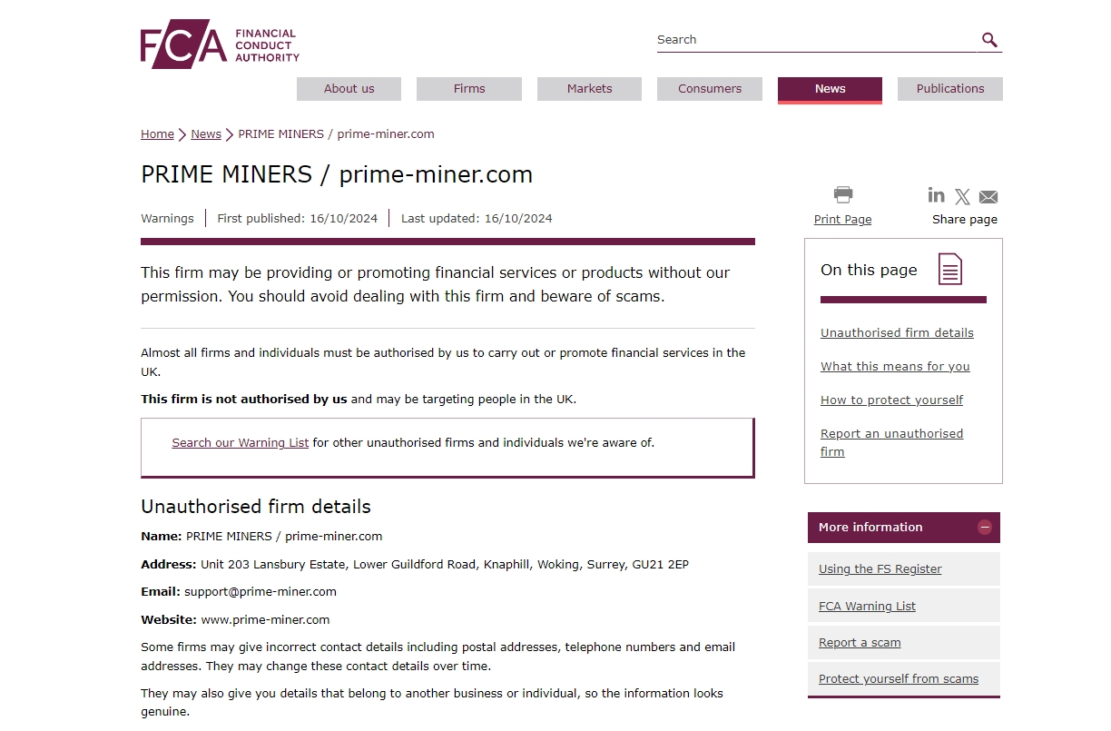 Financial Conduct Authority has warned Prime Miners