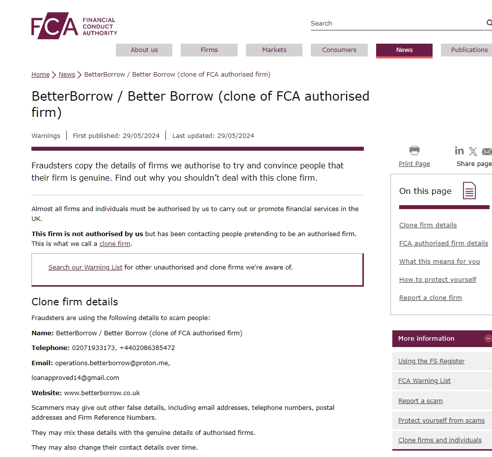 Financial Conduct Authority of the United Kingdom has issued a warning to Betterborrow.co.uk