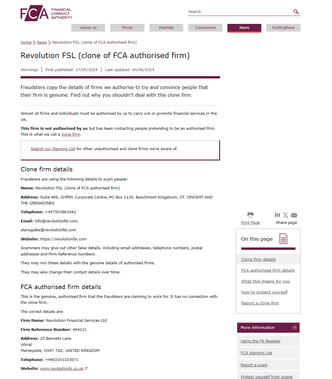 Revolution FSL has been warned by the Financial Conduct Authority