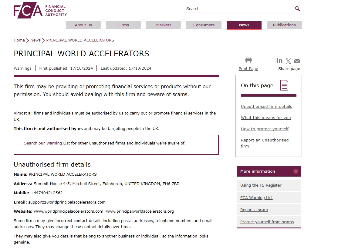 FCA has issued a warning against Worldprincipalaccelerators.com