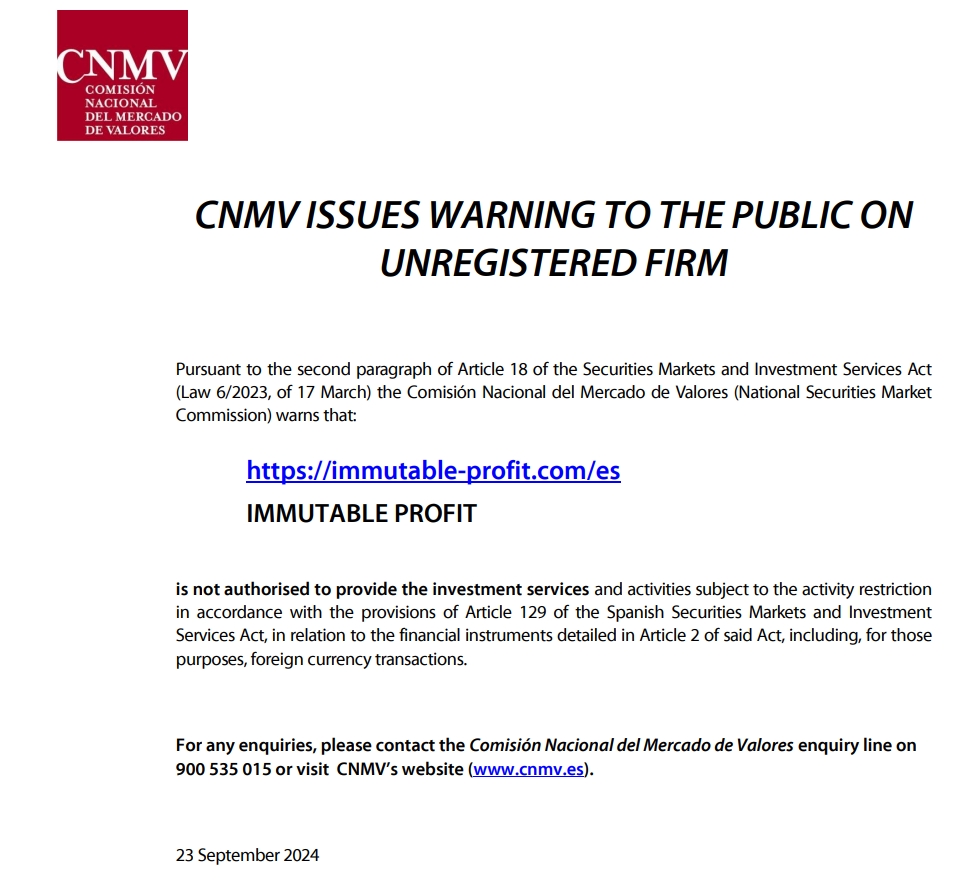 CNMV Warning issued by 	
immutable-profit.com