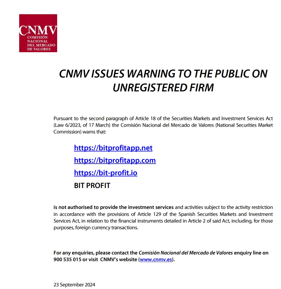 CNMV issued warning against BitProfit