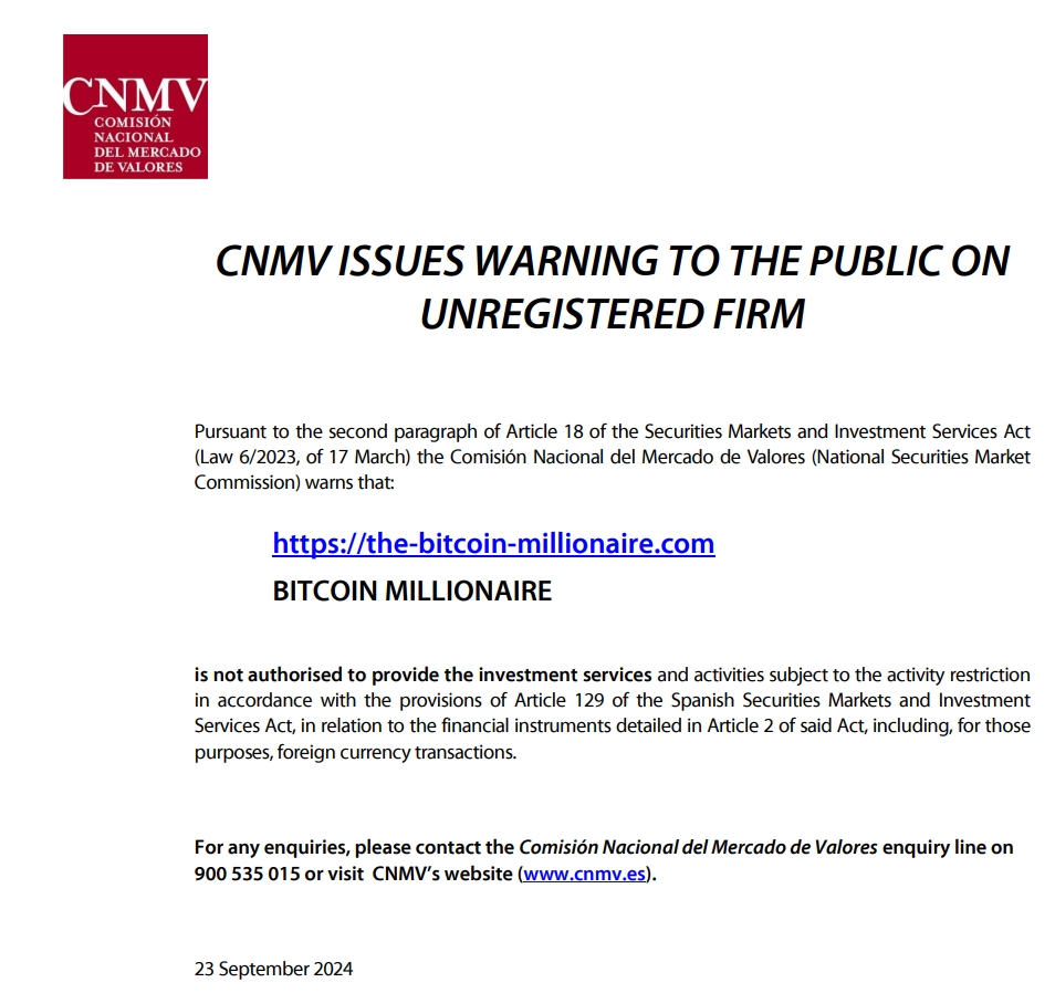 CNMV issued warning against Bitcoin Millionaire