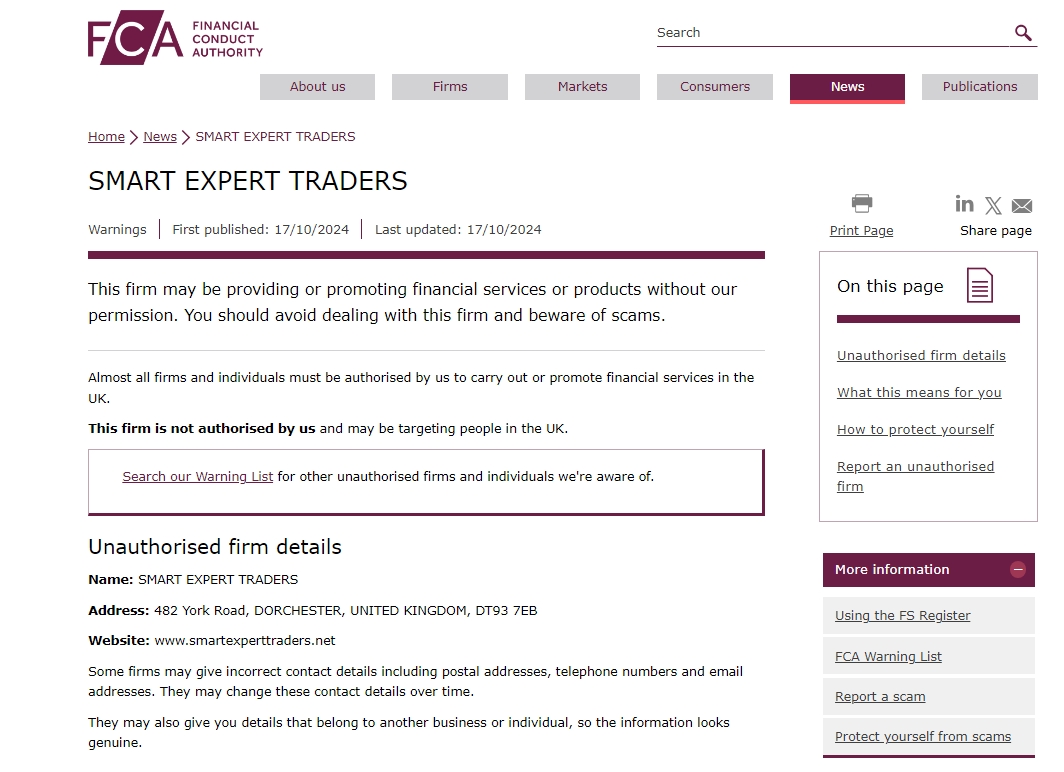 FCA issued warning against Smartexperttraders