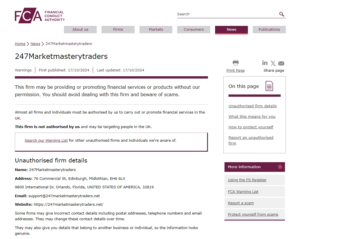 Financial Conduct Authority of the United Kingdom has warned 247marketmasterytraders