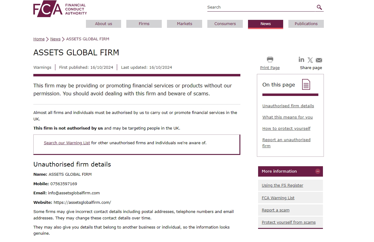 FCA issued warning against 	
Assetsglobalfirm.com