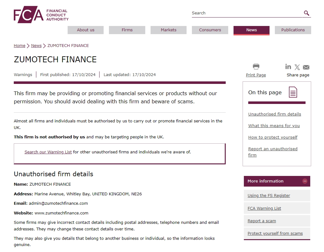 FCA issued warning against Zumotechfinance